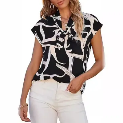 Women Summer Graphic Print Casual Ribbon Bow V-Neck Short Sleeve Blouse