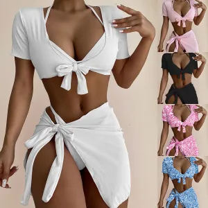 Summer Vacation Women Solid Color Bikini Coverup Four-Piece Swimsuit