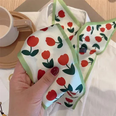 Women Simple Geometric Diamond Print Thin Ribbon Silk Scarf