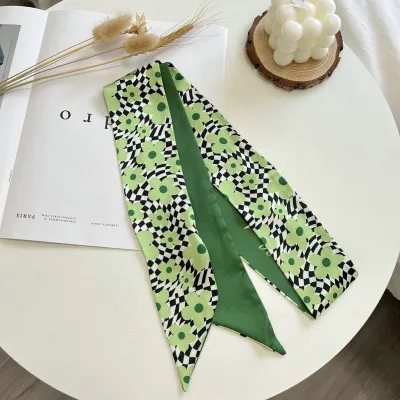Women Simple Geometric Diamond Print Thin Ribbon Silk Scarf