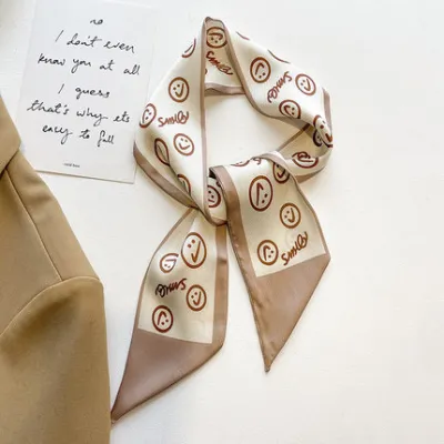Women Simple Floral Print Long Thin Ribbon Silk Scarf