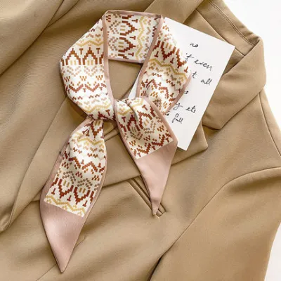 Women Simple Floral Print Long Thin Ribbon Silk Scarf