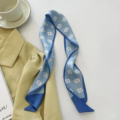Women Simple Floral Print Long Thin Ribbon Silk Scarf