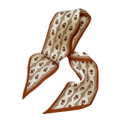 Women Simple Floral Print Long Thin Ribbon Silk Scarf