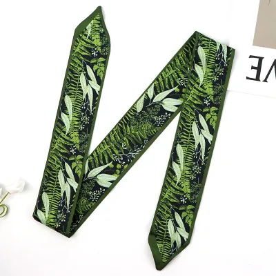 Women Simple Floral Print Long Thin Ribbon Silk Scarf