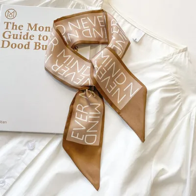 Women Simple Floral Print Long Thin Ribbon Silk Scarf