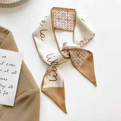 Women Simple Floral Print Long Thin Ribbon Silk Scarf