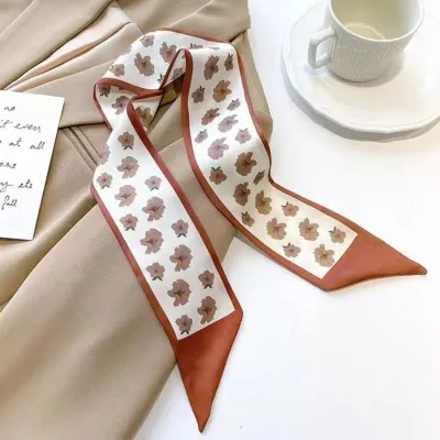 Women Simple Floral Print Long Thin Ribbon Silk Scarf