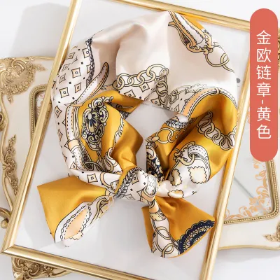 Women Floral Chain Plaid Print Long Thin Narrow Satin Scarf