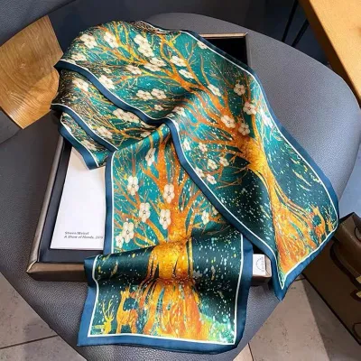 Women Floral Chain Plaid Print Long Thin Narrow Satin Scarf