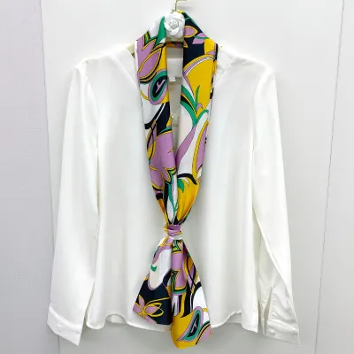 Women Floral Chain Plaid Print Long Thin Narrow Satin Scarf