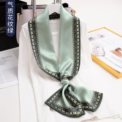 Women Floral Chain Plaid Print Long Thin Narrow Satin Scarf