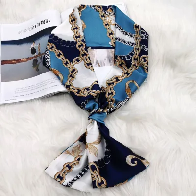 Women Floral Chain Plaid Print Long Thin Narrow Satin Scarf
