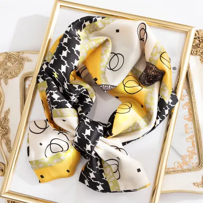 Women Floral Chain Plaid Print Long Thin Narrow Satin Scarf