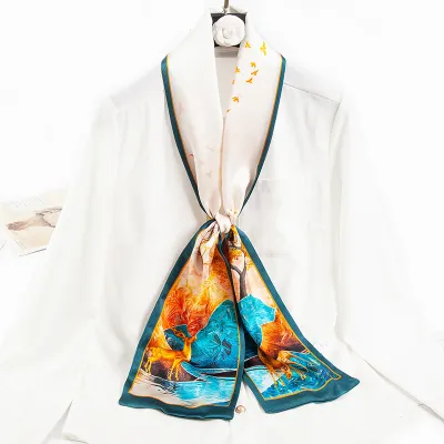 Women Floral Chain Plaid Print Long Thin Narrow Satin Scarf