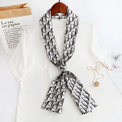 Women Floral Chain Plaid Print Long Thin Narrow Satin Scarf