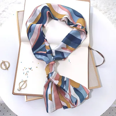 Women Floral Chain Plaid Print Long Thin Narrow Satin Scarf
