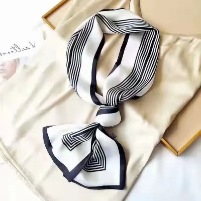 Women Floral Chain Plaid Print Long Thin Narrow Satin Scarf