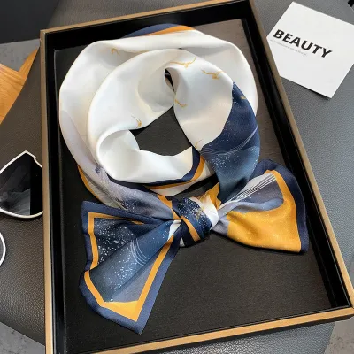Women Floral Chain Plaid Print Long Thin Narrow Satin Scarf