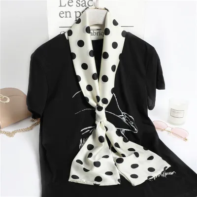 Women Floral Chain Plaid Print Long Thin Narrow Satin Scarf