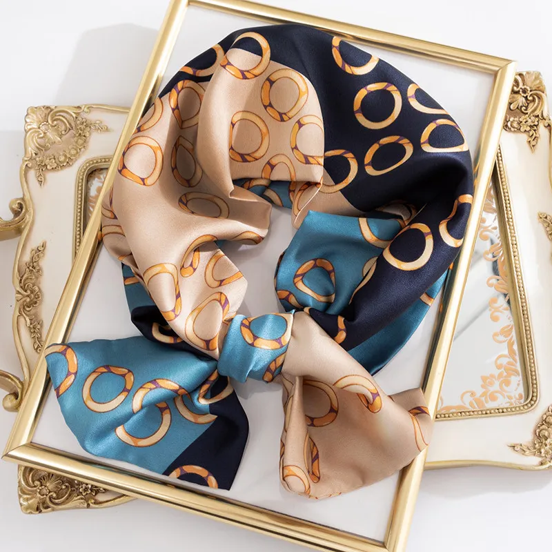 Women Floral Chain Plaid Print Long Thin Narrow Satin Scarf
