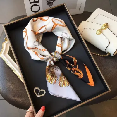 Women Fashion Stripe Letter Floral Print Square Silk Scarf 70x70cm