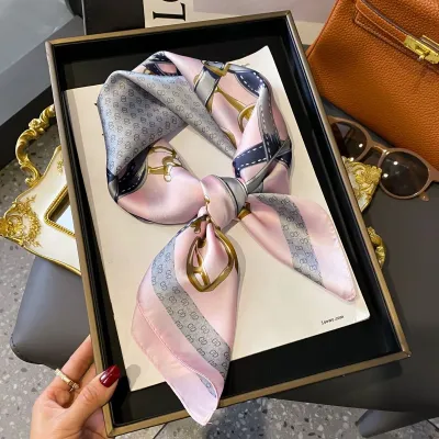 Women Fashion Stripe Letter Floral Print Square Silk Scarf 70x70cm