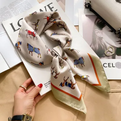 Women Fashion Stripe Letter Floral Print Square Silk Scarf 70x70cm