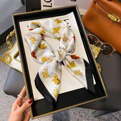 Women Fashion Stripe Letter Floral Print Square Silk Scarf 70x70cm