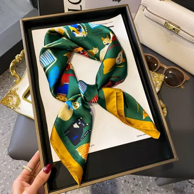 Women Fashion Stripe Letter Floral Print Square Silk Scarf 70x70cm