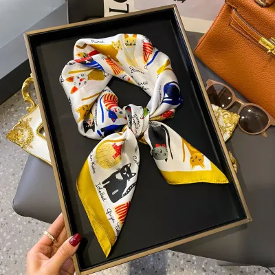 Women Fashion Stripe Letter Floral Print Square Silk Scarf 70x70cm