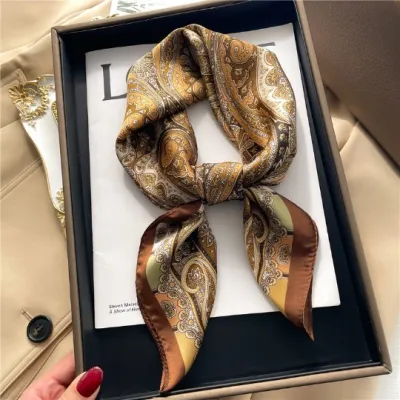 Women Fashion Stripe Letter Floral Print Square Silk Scarf 70x70cm