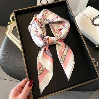 Women Fashion Stripe Letter Floral Print Square Silk Scarf 70x70cm