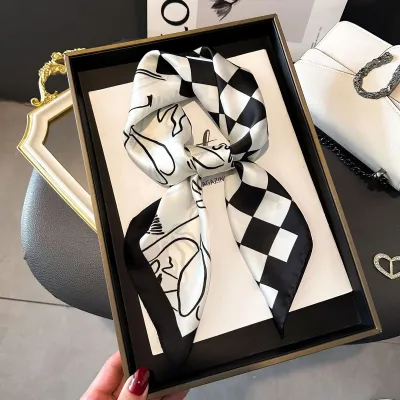 Women Fashion Stripe Letter Floral Print Square Silk Scarf 70x70cm