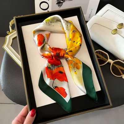 Women Fashion Stripe Letter Floral Print Square Silk Scarf 70x70cm