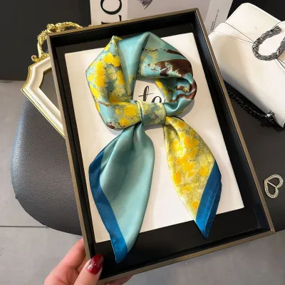 Women Fashion Stripe Letter Floral Print Square Silk Scarf 70x70cm