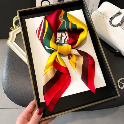 Women Fashion Stripe Letter Floral Print Square Silk Scarf 70x70cm