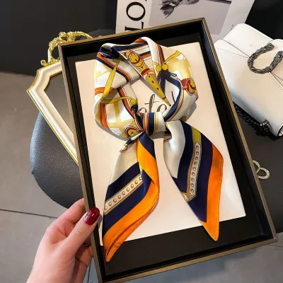 Women Fashion Stripe Letter Floral Print Square Silk Scarf 70x70cm