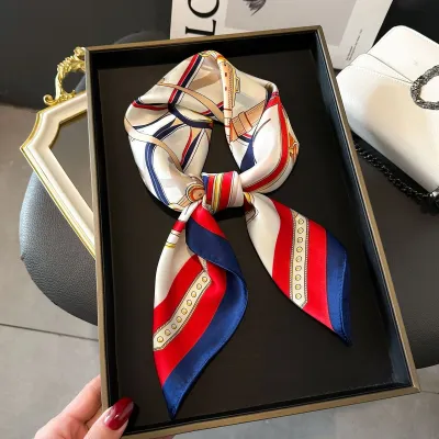 Women Fashion Stripe Letter Floral Print Square Silk Scarf 70x70cm