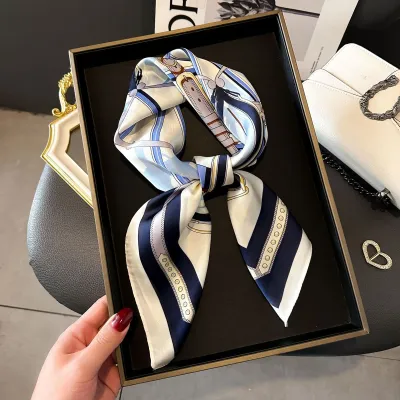 Women Fashion Stripe Letter Floral Print Square Silk Scarf 70x70cm