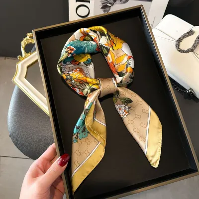 Women Fashion Stripe Letter Floral Print Square Silk Scarf 70x70cm