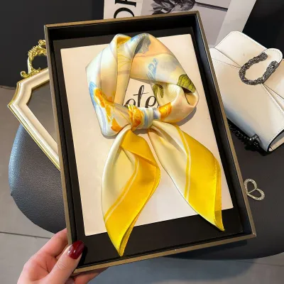 Women Fashion Stripe Letter Floral Print Square Silk Scarf 70x70cm