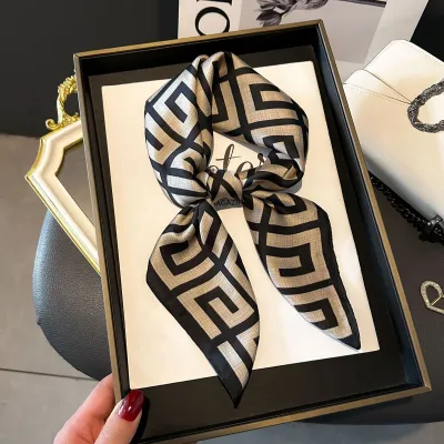 Women Fashion Stripe Letter Floral Print Square Silk Scarf 70x70cm