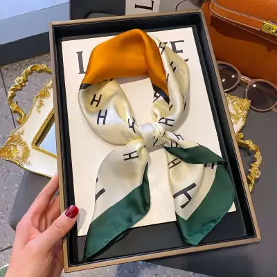 Women Fashion Stripe Letter Floral Print Square Silk Scarf 70x70cm