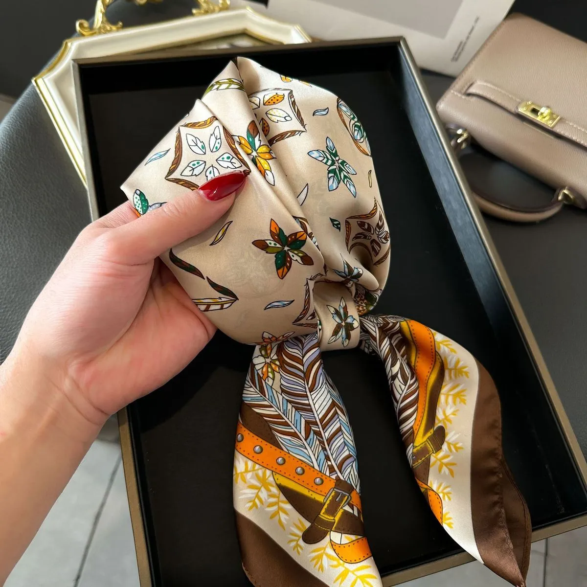Women Fashion Stripe Letter Floral Print Square Silk Scarf 70x70cm