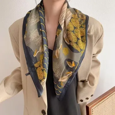 Women Simple Stripe Floral Pony Print Square Silk Scarf