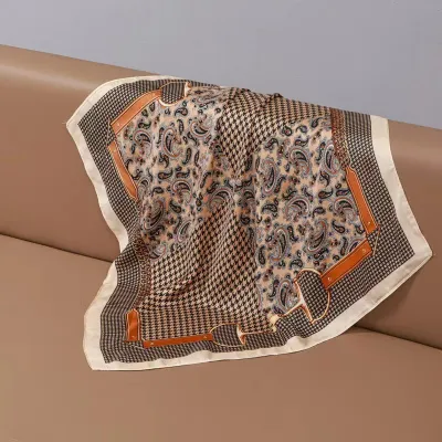 Women Simple Stripe Floral Pony Print Square Silk Scarf
