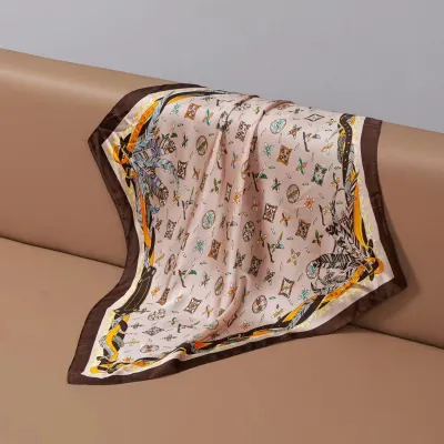 Women Simple Stripe Floral Pony Print Square Silk Scarf
