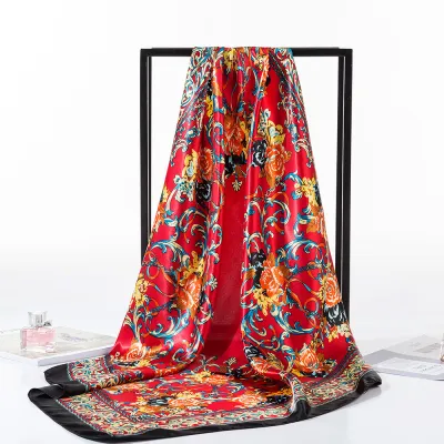Women Fashion Satin Floral Printed Square Silk Scarf 90*90cm