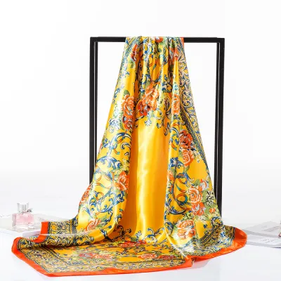 Women Fashion Satin Floral Printed Square Silk Scarf 90*90cm